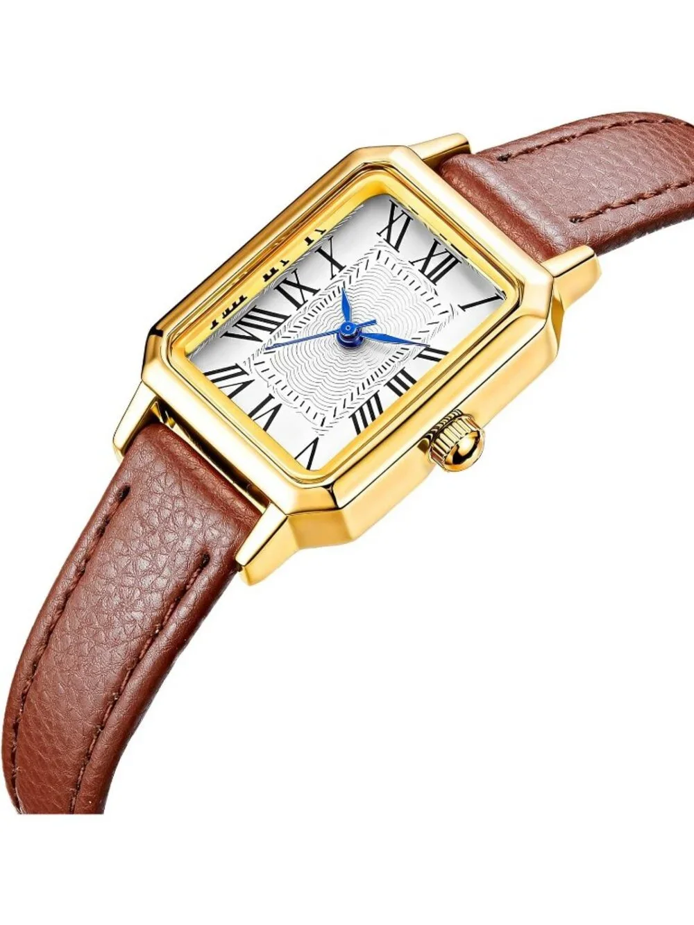 Women's Brown Gold White Leather Strap Elegant Vintage Rectangle Wrist Watch